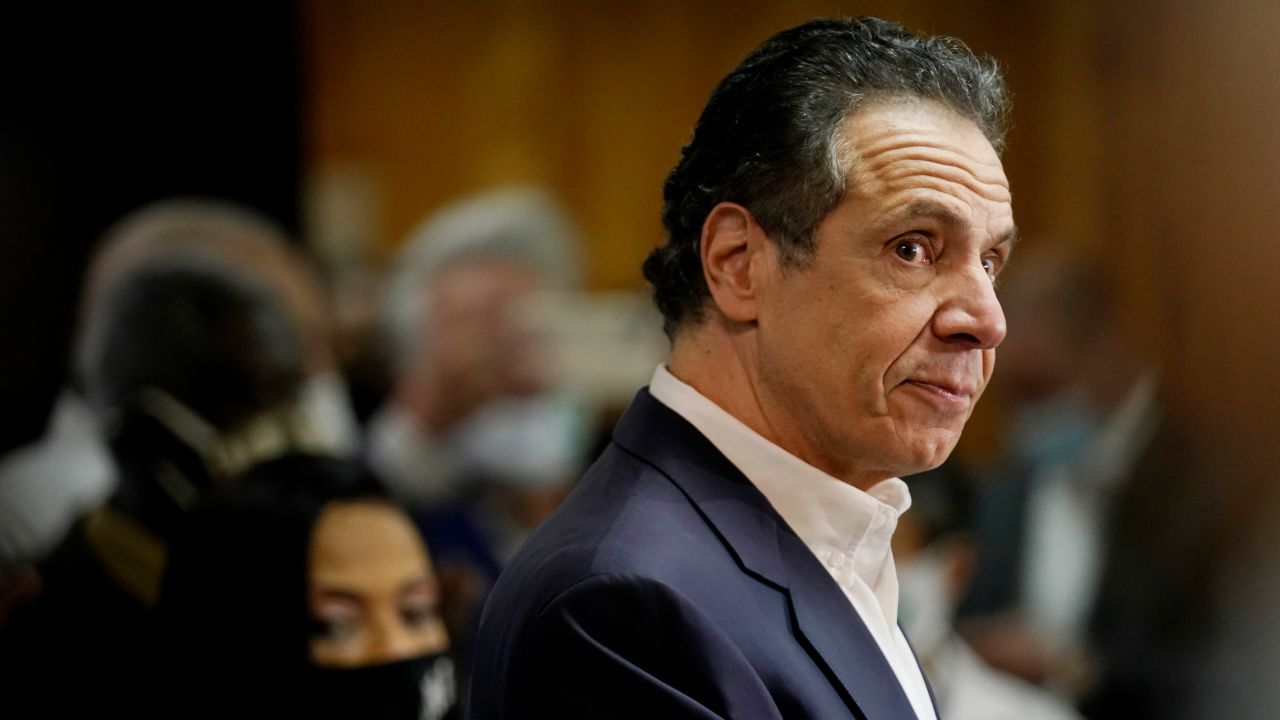 New York Gov. Andrew Cuomo speaks before getting vaccinated at the mass vaccination site at Mount Neboh Baptist Church in Harlem on March 17, 2021, in New York City. 