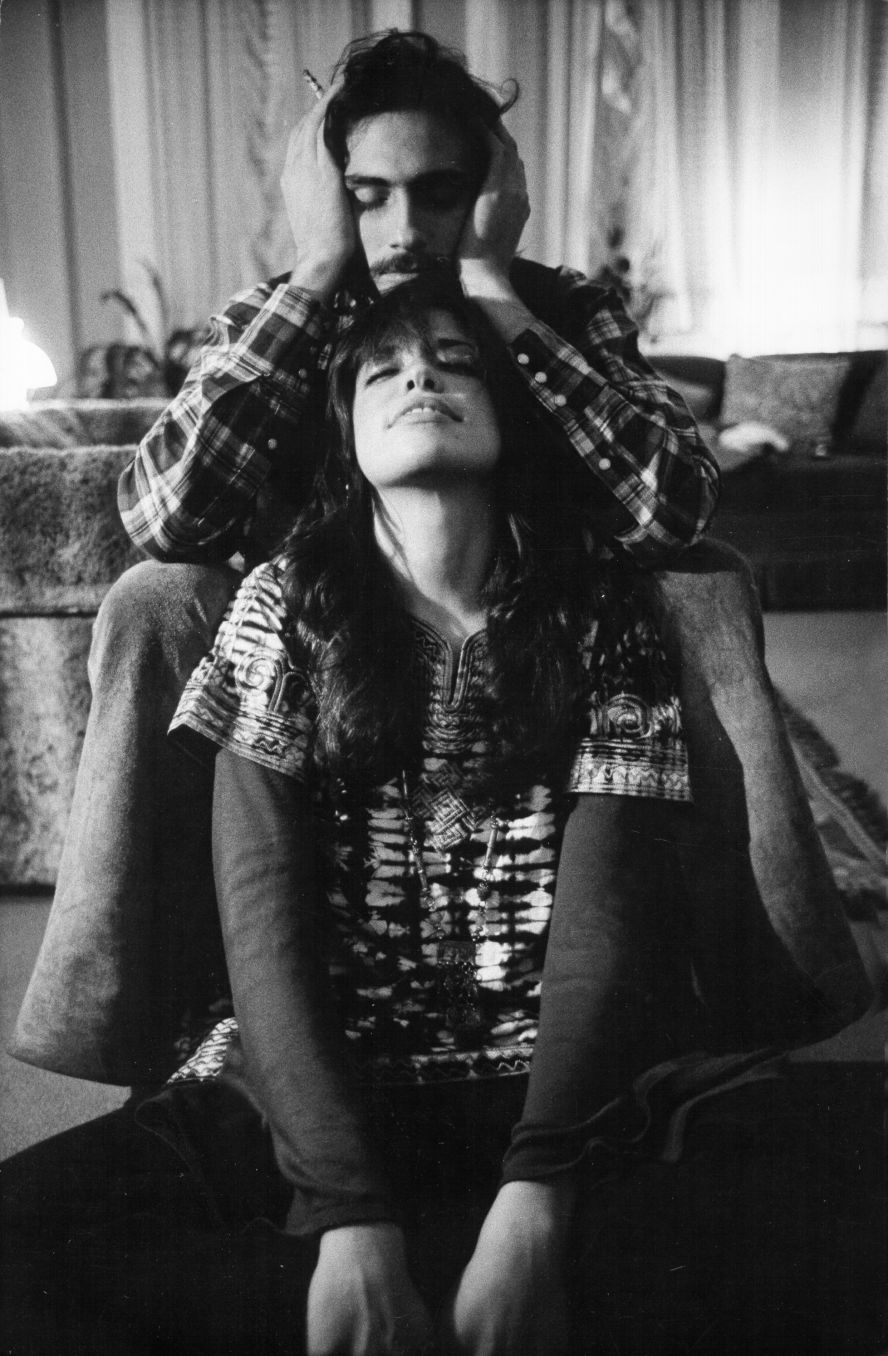 Singer-songwriter Carly Simon and Taylor pose for a portrait at their New York home in October 1971. Taylor married Simon in 1972.