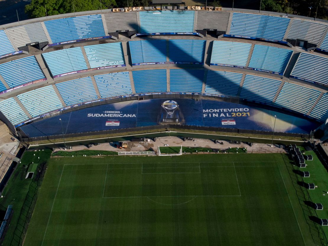 Aerial view of the Centenario Stadium in Montevideo, which will host the finals of the men's Sudamericana and Libertadores cups on November 20 and 27 respectively.