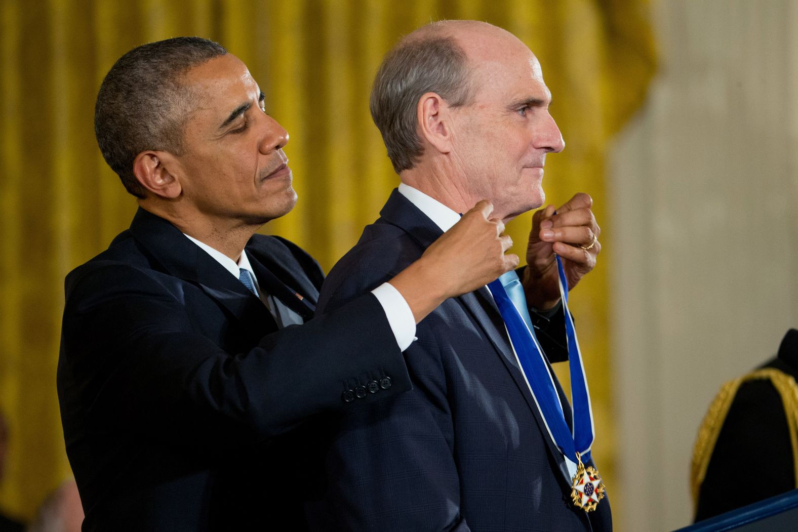 President Obama awards Taylor the Presidential Medal of Freedom in 2015, during a ceremony in the East Room of the White House.<br /><br />"I'm proud to call the next honoree a friend as well," <a href="index.php?page=&url=https%3A%2F%2Fwww.cnn.com%2F2015%2F11%2F24%2Fpolitics%2Fobama-medal-of-freedom%2Findex.html" target="_blank">said Obama. </a>"The truth is a lot of people say that about James Taylor. That's what happens when you spend four decades telling people, 'Just call out my name, and I'll come running.'"