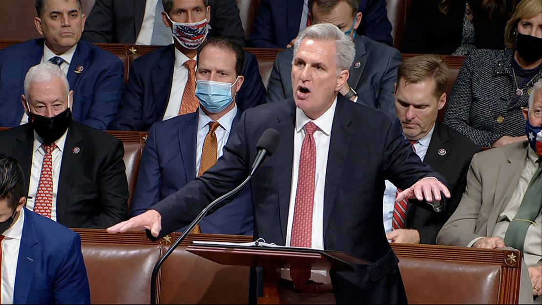 In this image from House Television, House Minority Leader Kevin McCarthy speaks on the House floor Thursday in Washington, DC.