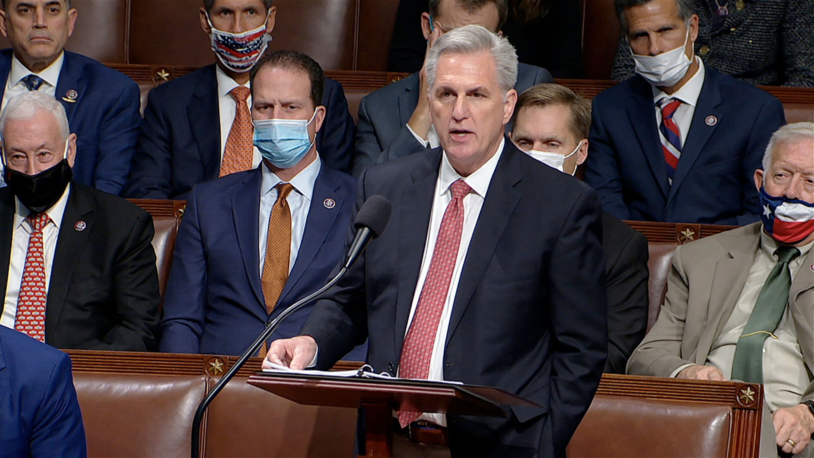 House Minority Leader Kevin McCarthy speaks on the House floor during debate on the Democrats' expansive social and environment bill at the US Capitol on November 18, 2021.