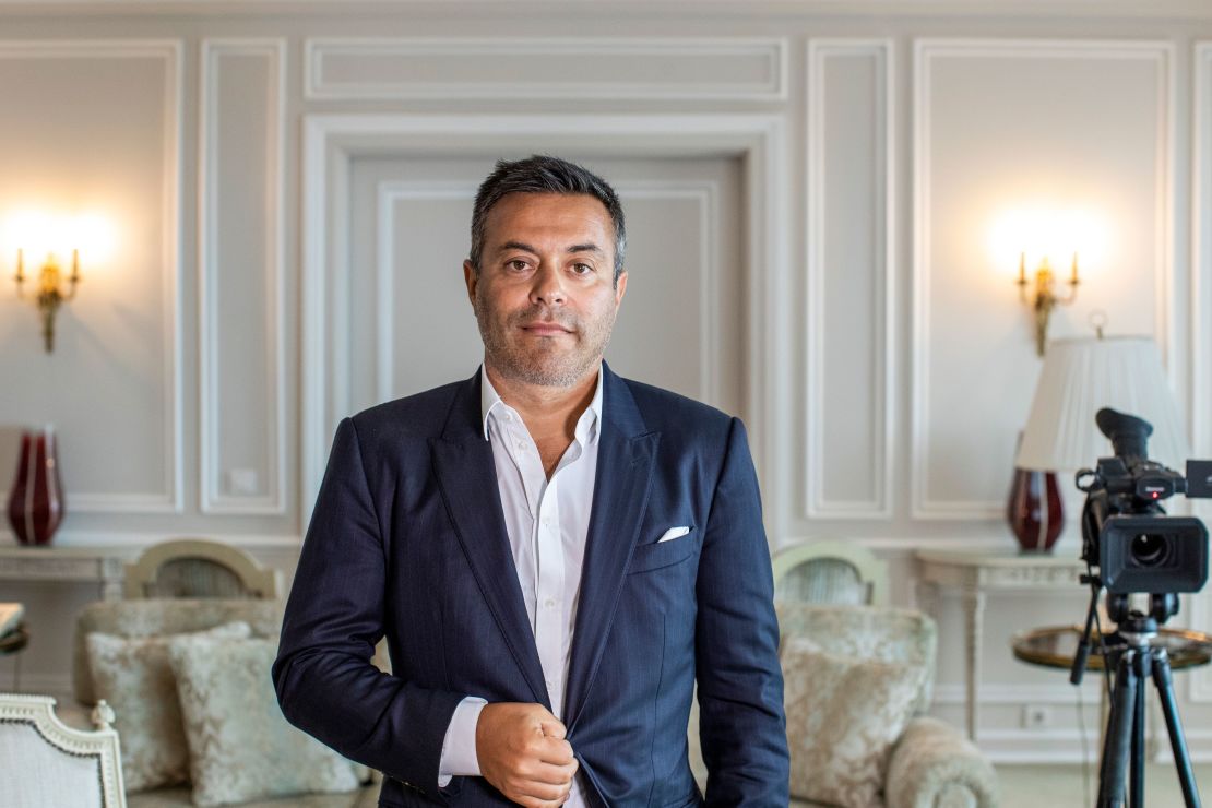 In this photo taken on Wednesday, Aug. 19, 2020, Leeds owner Andrea Radrizzani poses for a picture after an interview with the Associated Press in Lisbon, Portugal.