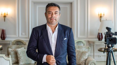 In this photo taken on Wednesday, Aug. 19, 2020, Leeds owner Andrea Radrizzani poses for a picture after an interview with the Associated Press in Lisbon, Portugal.