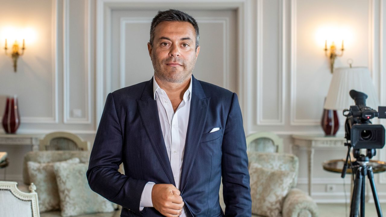 In this photo taken on Wednesday, Aug. 19, 2020, Leeds owner Andrea Radrizzani poses for a picture after an interview with the Associated Press in Lisbon, Portugal.