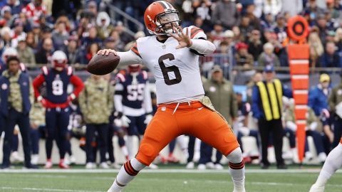 Mayfield throws the ball during the  game against the New England Patriots.