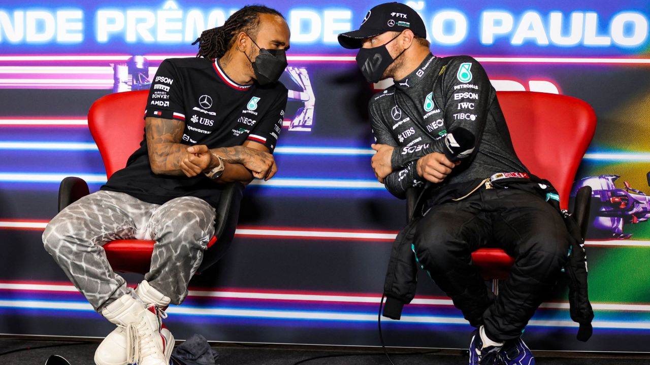  Hamilton and Bottas speak during a press conference held after the Sao Paolo Grand Prix.