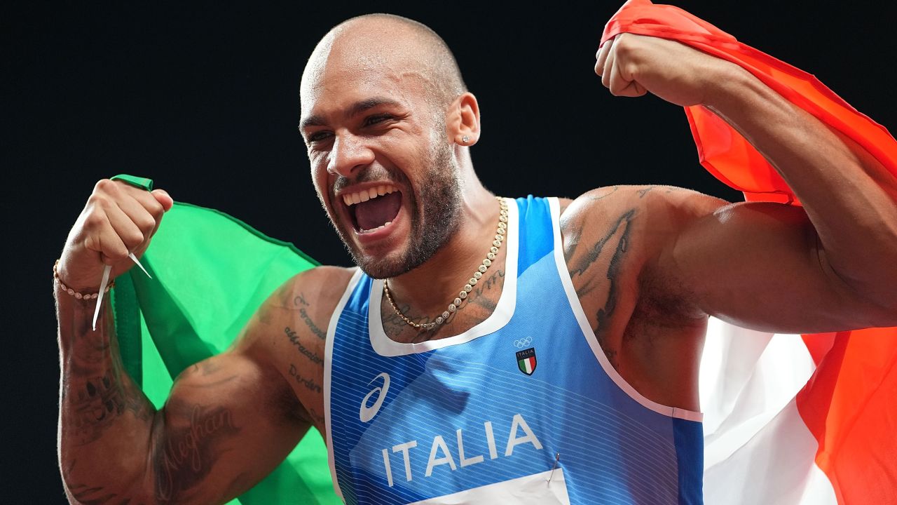 Jacobs after winning the men's 4x100m relay final at Tokyo 2020.