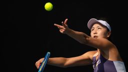 Peng Shuai of China serves to Hibino Nao of Japan during their women's singles first round match at the Australian Open tennis championship in Melbourne, Australia on Jan. 21, 2020. 
