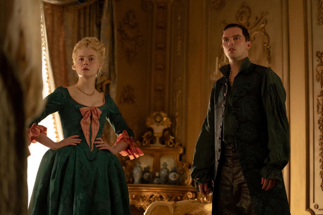 (From left) Catherine (Elle Fanning) and Peter (Nicholas Hoult) are at odds in the Hulu series "The Great."