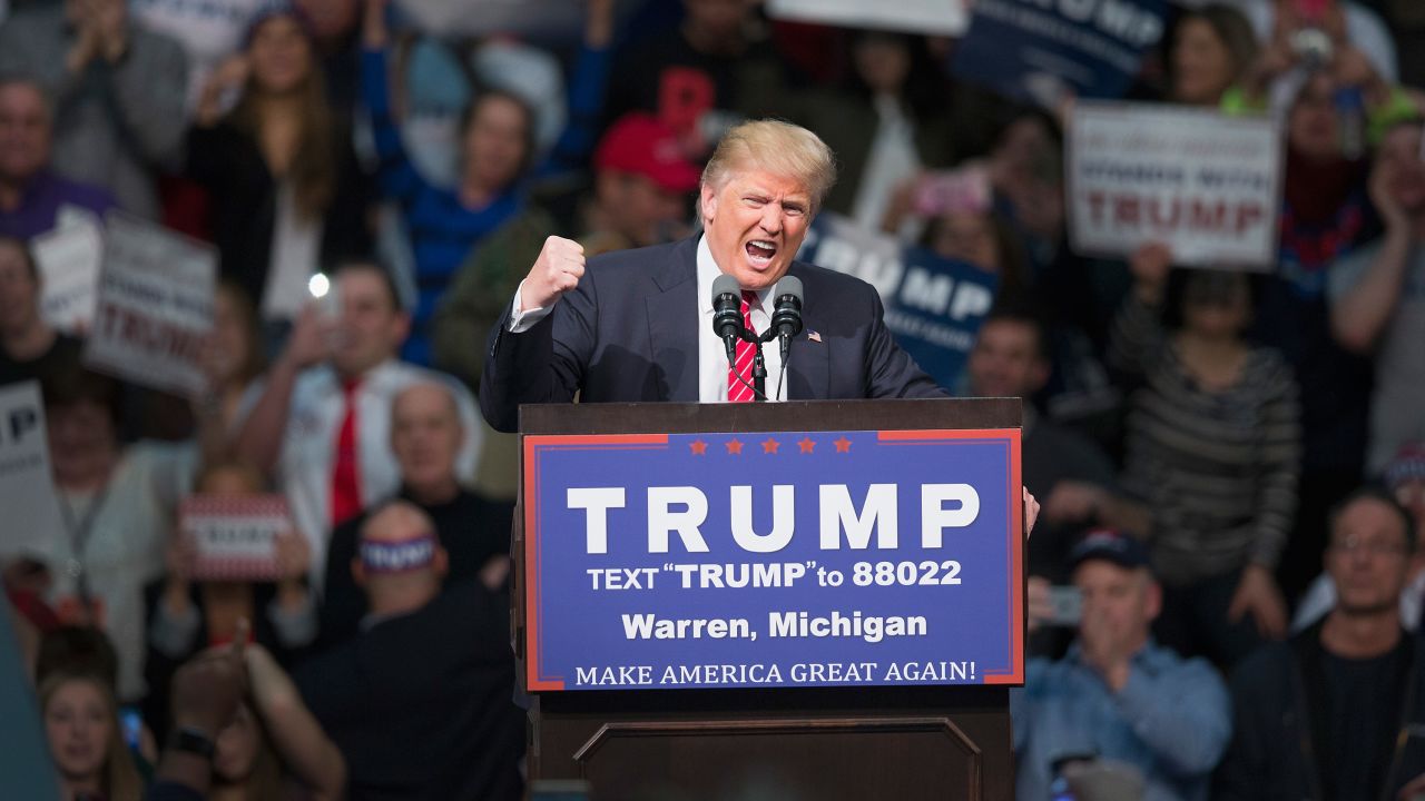 President Donald Trump speaks during a rally on March 4, 2016, at Macomb Community College in Warren, Michigan.