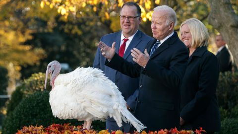 WASHINGTON, DC - NOVEMBER 19: U.S. President Joe Biden participates in the 74th annual Thanksgiving turkey pardon of Peanut Butter in the Rose Garden of the White House on November 19, 2021 in Washington, DC. The 2021 National Thanksgiving Turkey, Peanut Butter, and alternate Jelly, were raised in Jasper, Indiana and will reside on the campus of Purdue University in West Lafayette, Indiana, after today's presentation. (Photo by Alex Wong/Getty Images)