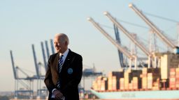 President Joe Biden visits the Port of Baltimore, Wednesday, Nov. 10, 2021. Biden's trip to the port is likely the start of a national tour to showcase the $1 trillion legislation that cleared Congress last week. Biden is pointing to Baltimore's port as a blueprint on how to reduce shipping bottlenecks that have held back the economic recovery. (AP Photo/Susan Walsh)