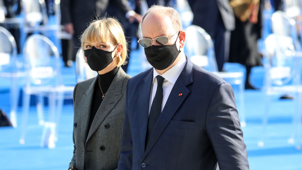 Prince Albert II (right) and Princess Charlene leave a ceremony in Nice, France, on November 2020.