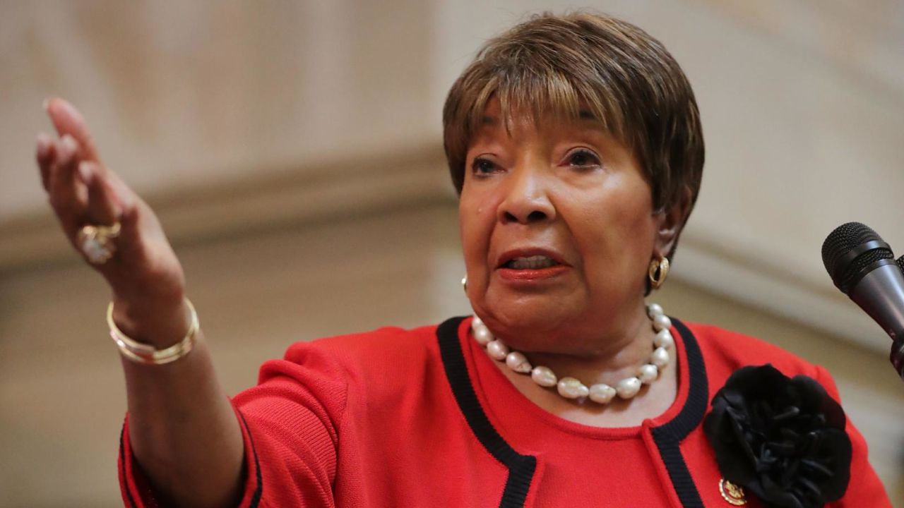 Rep. Eddie Bernice Johnson (D-TX) delivers remarks during an event honoring NASA's "Hidden Figures," Black women mathematicians who helped the United States' space program in Statuary Hall at the US Capitol March 27, 2019 in Washington, DC.
