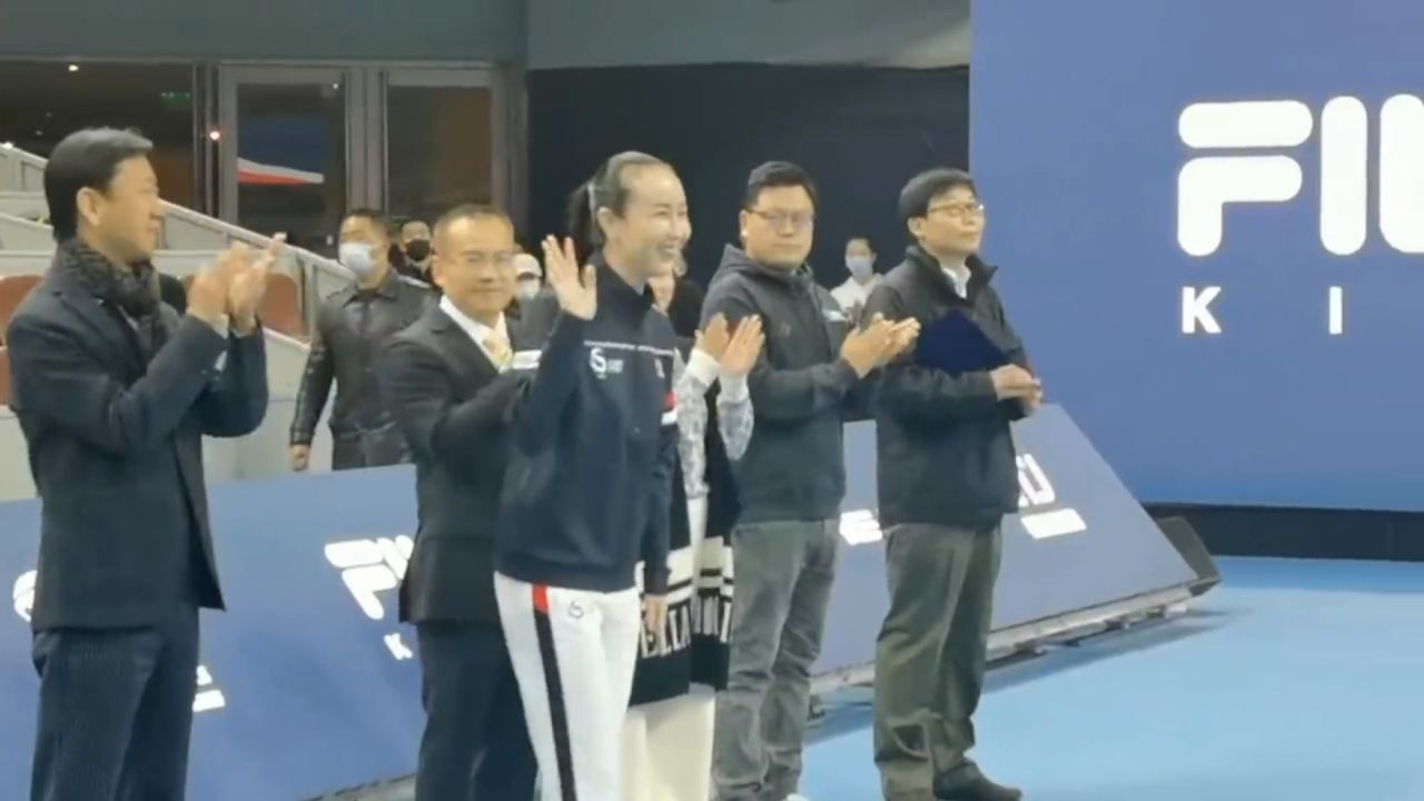 A still from a video released by a member of Chinese state media purporting to show Peng Shuai at a tennis event Sunday. CNN could not independently verify the clip or confirm when it was filmed. 