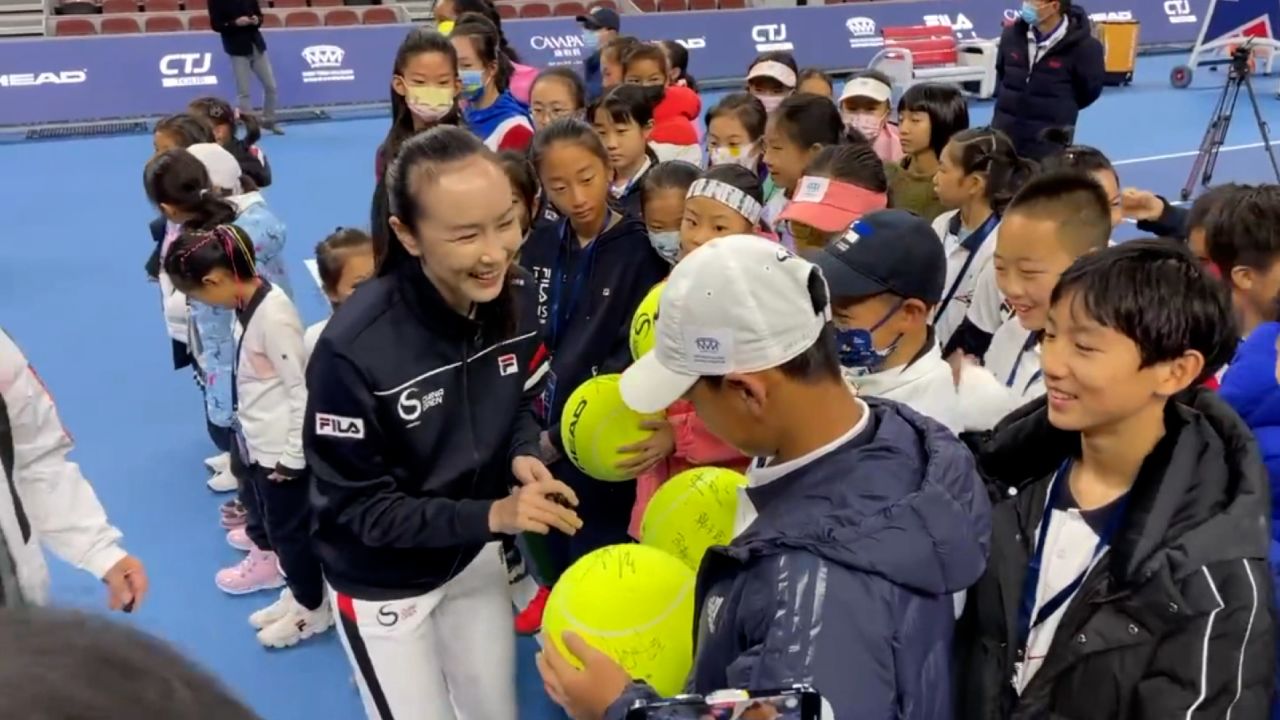 In this still from Chinese State Media, Peng can allegedly be seen at a tennis event for teenagers in Beijing on Sunday. CNN cannot independently verify the authenticity  or shot date of this image.