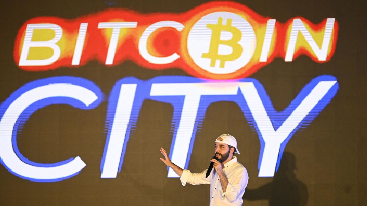 El Salvador's President Nayib Bukele gestures during his speech at the closing ceremony of the Latin Bitcoin conference at Mizata Beach, El Salvador, on November 20, 2021.