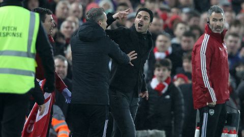 Mikel Arteta gestures to Jurgen Klopp during Arsenal's defeat to Liverpool.