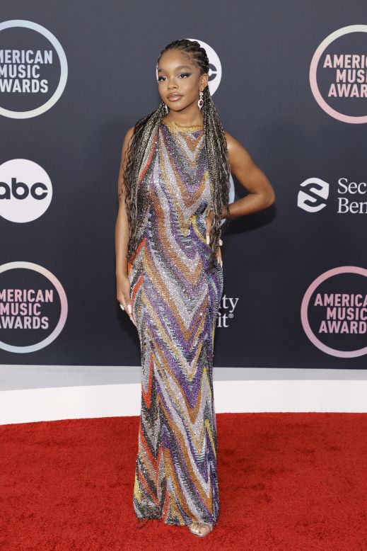 Marsai Martin shimmered as she strode down the carpet in a sparkling Missoni column dress, which featured a colorful zig-zag pattern. Her amethyst eyeshadow was matched to one of the shades in her dress and her purple earrings. 