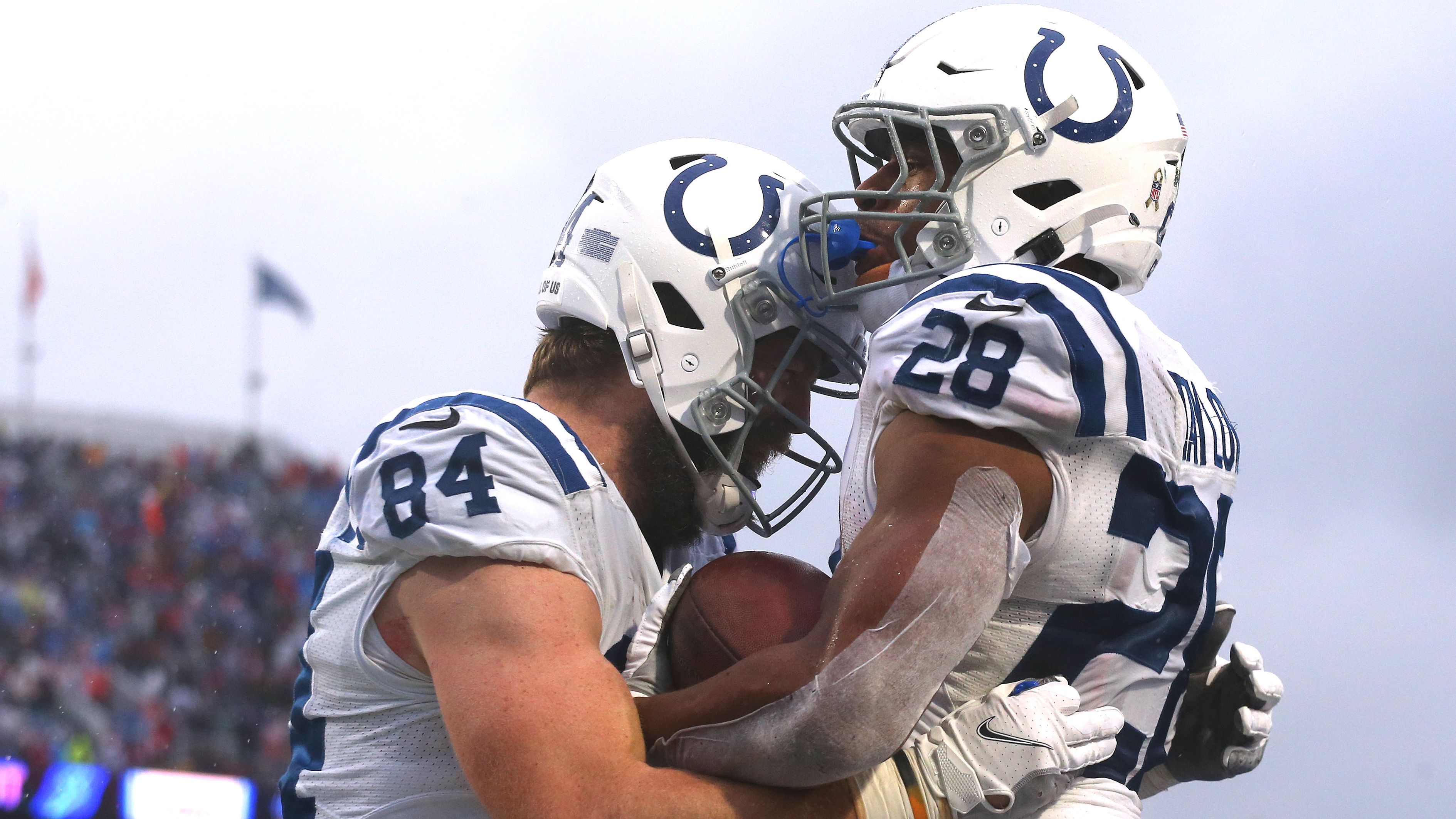 Taylor celebrates a touchdown with Jack Doyle during the third quarter against the Bills.