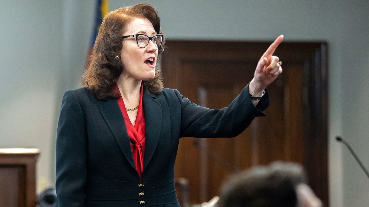 Prosecutor Linda Dunikoski presents a closing argument to the jury during the trial of Travis McMichael, his father, Gregory McMichael, and William "Roddie" Bryan, at the Glynn County Courthouse, Monday, Nov. 22, 2021, in Brunswick, Ga. The three men charged with the February 2020 slaying of 25-year-old Ahmaud Arbery. (AP Photo/Stephen B. Morton, Pool)