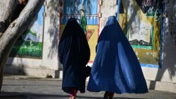Women walk along a street in Kandahar on November 13, 2021. 