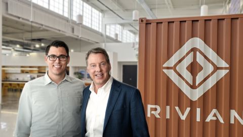 Rivian CEO and founder RJ Scaringe, Ford Executive Chairman Bill Ford in 2019 when they announced Ford's $500 million investment in the upstart electric truck maker.