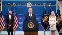 President Joe Biden speaks as he announces that he is nominating Jerome Powell, left, for a second four-year term as Federal Reserve chair, during an event in the South Court Auditorium on the White House complex in Washington, Monday, Nov. 22, 2021. Biden also nominated Lael Brainard, right, as vice chair, the No. 2 slot at the Federal Reserve. (AP Photo/Susan Walsh)