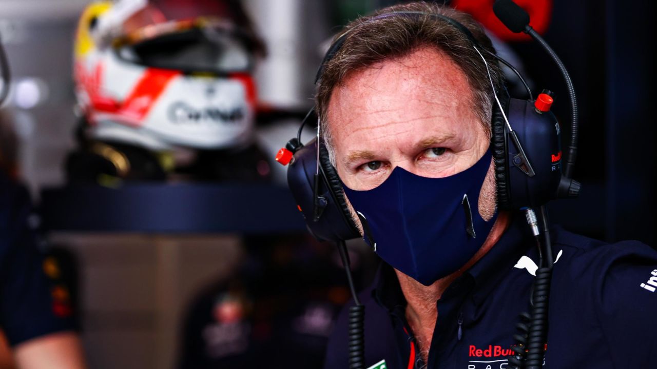 DOHA, QATAR - NOVEMBER 20: Red Bull Racing Team Principal Christian Horner looks on in the garage during final practice ahead of the F1 Grand Prix of Qatar at Losail International Circuit on November 20, 2021 in Doha, Qatar. (Photo by Mark Thompson/Getty Images)