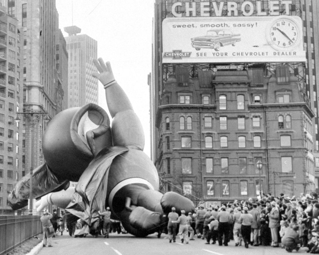 The Mighty Mouse balloon deflating at Columbus Circle during the Macy's Thanksgiving Parade.
