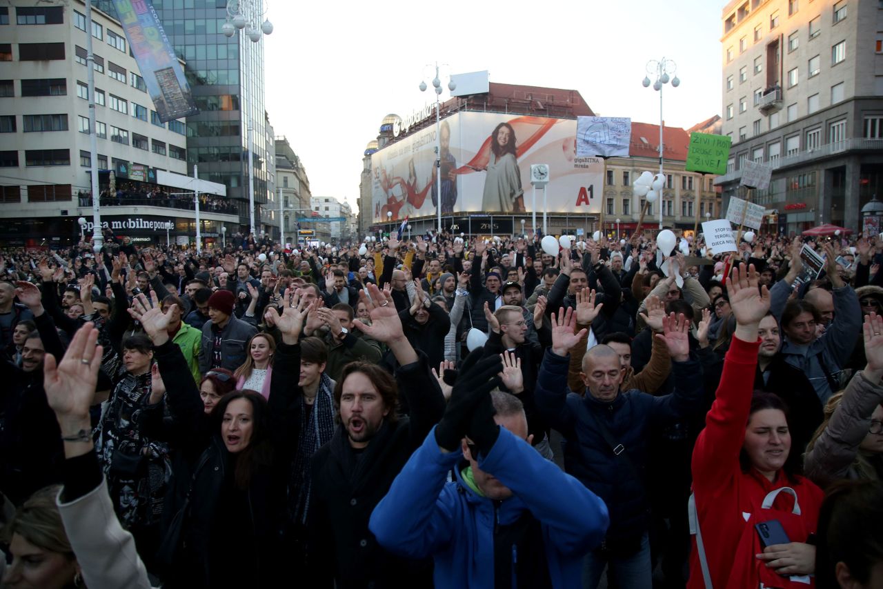 People protest in Zagreb on Saturday.