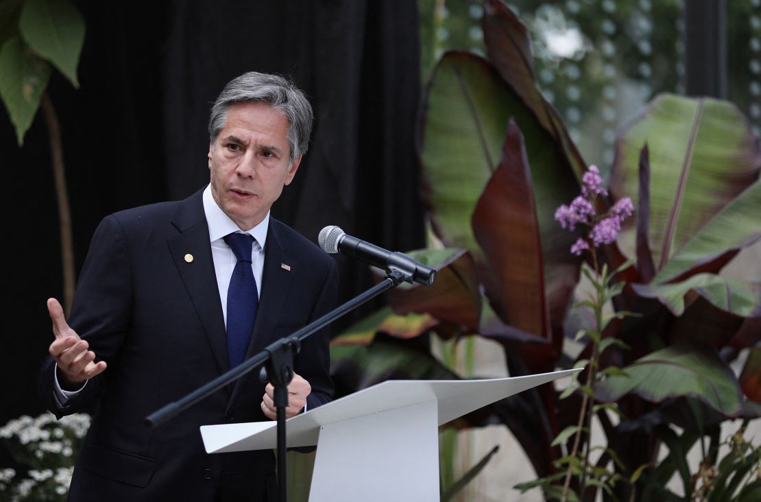 US Secretary of State Antony Blinken delivers a speech, as he visits the "Jose Celestino Mutis Botanical Garden" in Bogota, Colombia on October 21, 2021.