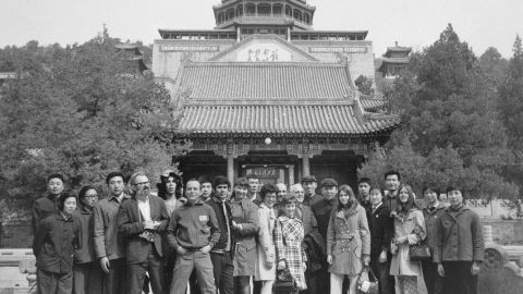 The United States Table Tennis Team poses for a portrait with their guides in front of a pagoda at the Summer Palace near Beijing, China in 1971.