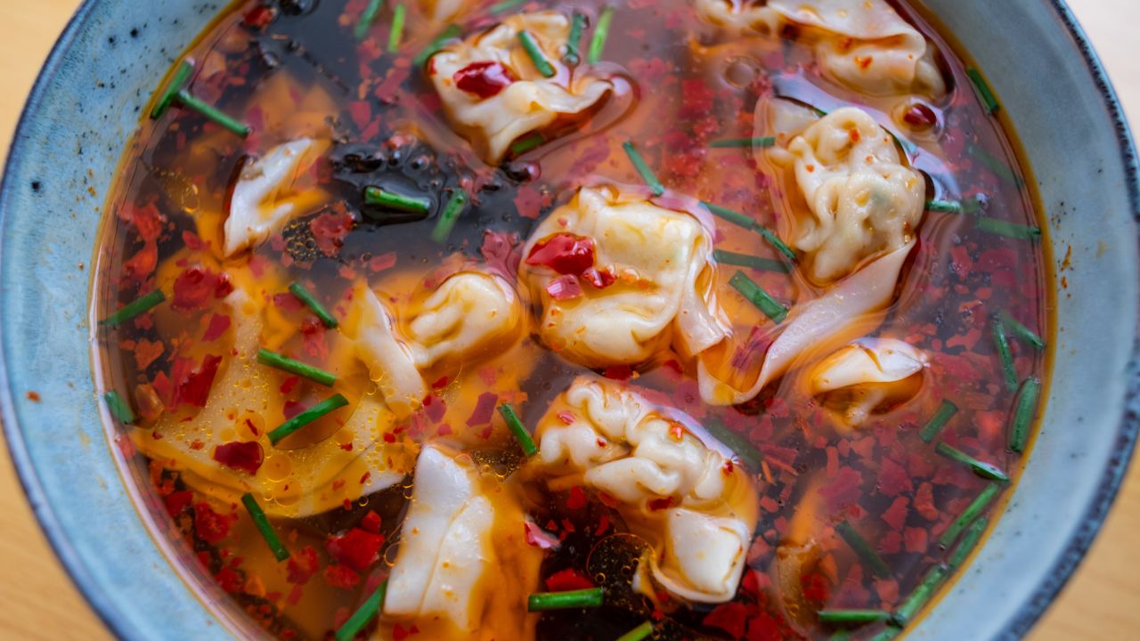 <strong>Hot stuff: </strong>The Sichuan spicy wonton is served drenched in chili oil laced with Sichuan pepper.