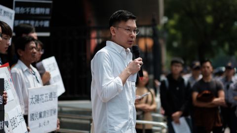Sunflower Movement activist Lin Fei-fan delivers a speech in front of Taiwan's Parliament on March 27, 2019 in Taipei, Taiwan.