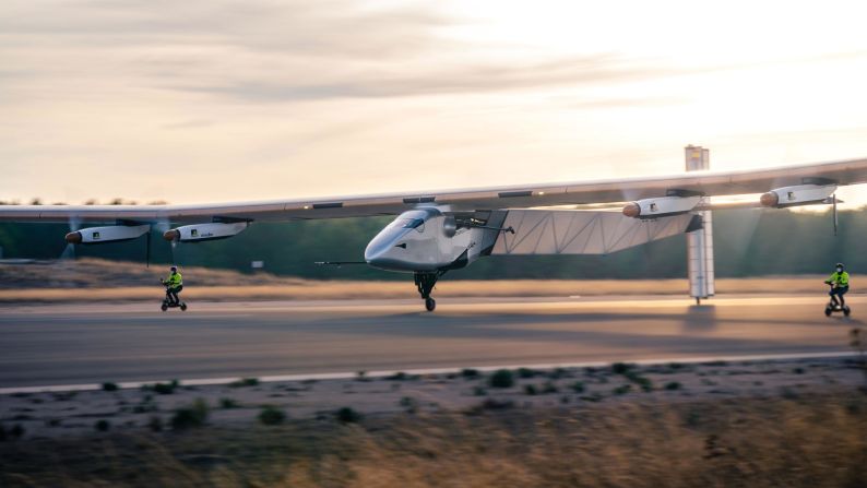 The blended wing is just one of a new generation of greener aircraft being explored by the aviation industry. Among the most innovative is the solar-powered Skydweller, which is based on Solar Impulse 2, an aircraft that has achieved numerous flight records, including circumnavigating the Earth without using a drop of fuel. Skydweller is pictured landing after its first flight, in December 2020. 