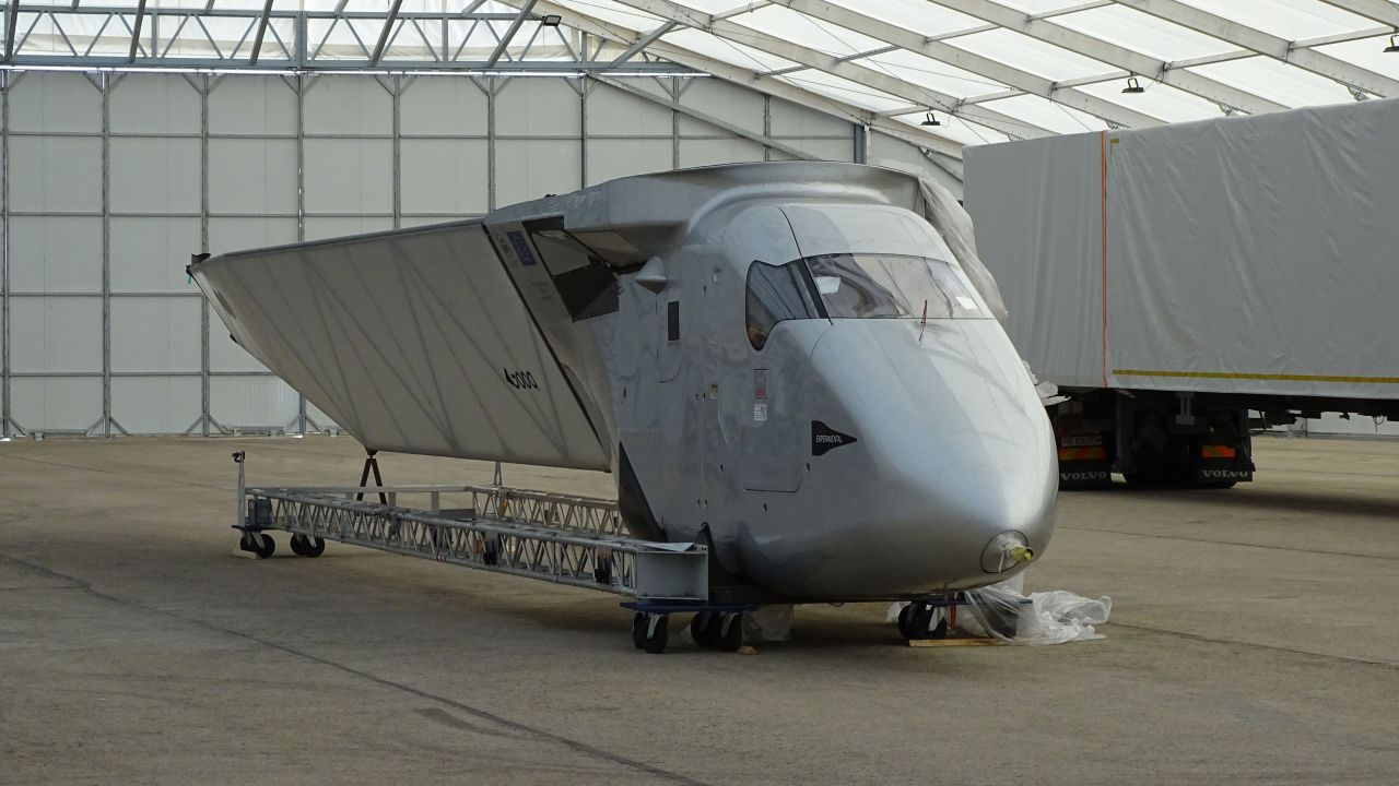 Solar Impulse 2 arrives from Geneva at the Skydweller hangar in Albacete, Spain, in July 2020.