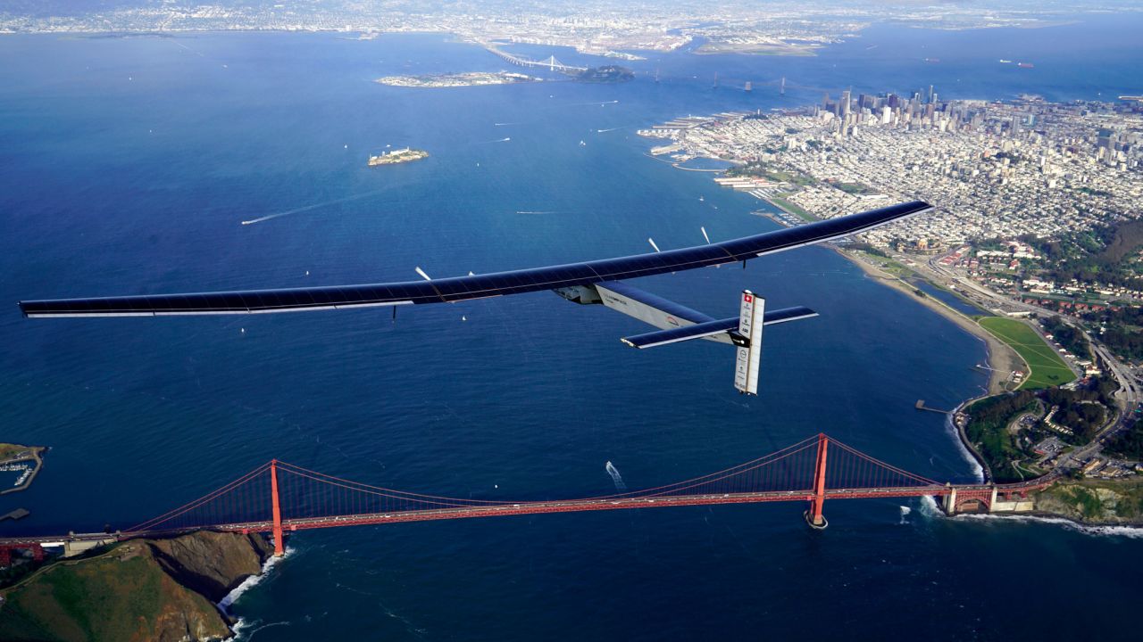 Solar Impulse 2 flying over San Francisco's Golden Gate Bridge on April 23, 2016, during its circumnavigation of the globe.