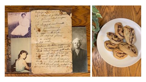 Left: From left clockwise, Barbara Rhea's grandmother, Mildred Covert, in 1908, Covert's original date nut pinwheel recipe, Covert in 1956 and Rhea at age 10. Right: Date nut pinwheels. (Courtesy Barbara Rhea)