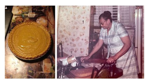 Left: Sheila Connors' sweet potato pie. Right: Sheila's mother, Inetta Connors, holds a rolling pin as she bakes. (Courtesy Sheila Connors)