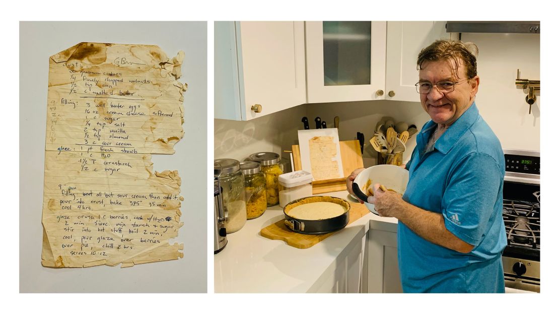 Left:  The original recipe given to Gary Brown in 1981. Right: Brown cooks his cheesecake at his home the weekend before Thanksgiving in 2021. (Courtesy Stephanie Cosby)