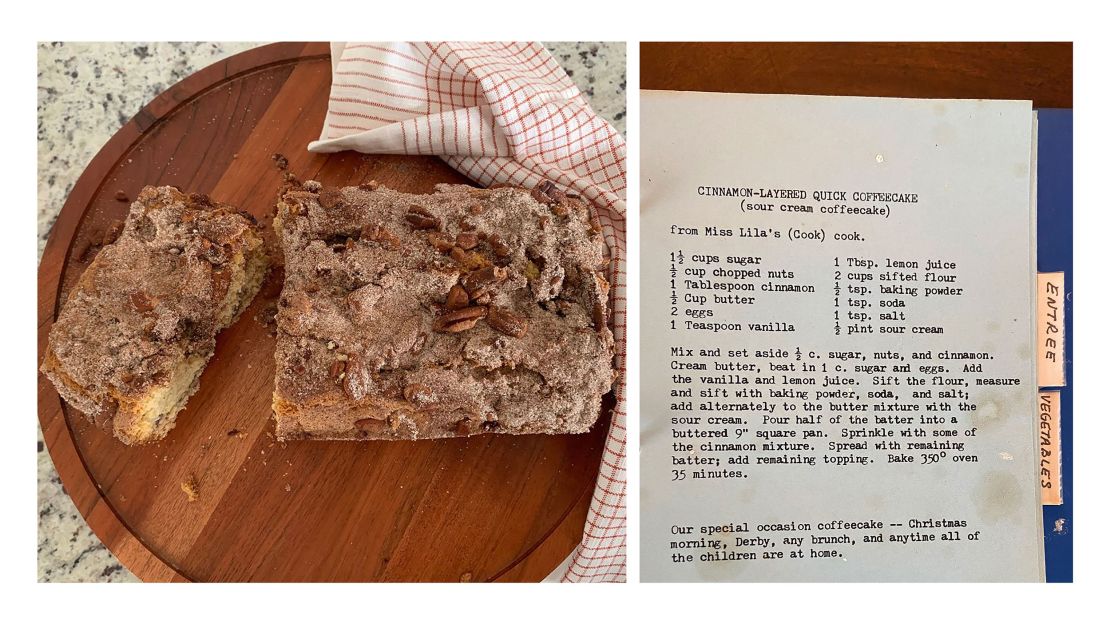 Left: The Sour Cream Cinnamon Coffee Cake, one of Vicky Dorsey Ott's favorites. Right: The cookbook that was made in 1986. (Courtesy Vicky Dorsey Ott)