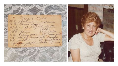 Left: Sue Trock's mother, who passed away in 2007, wrote the recipe for her Carrot Mold on this card nearly 50 years ago. Although it is worn, it is a cherished reminder of her mom. Right: A family photo of Trock's mother, Clara Berkowitz. (Courtesy Sue Trock)