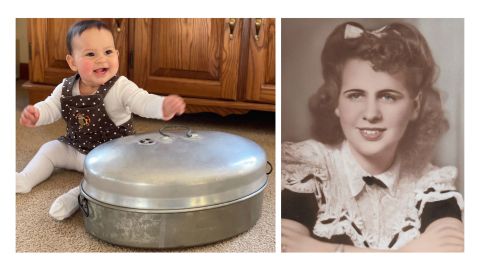 Left: Lorrie Jones' granddaughter Julia with her great grandma Julia's turkey pan. Right: Jones' mother Julia pictured prior to serving in World War II with the Women's Army Corps. (Courtesy Lorrie Jones)