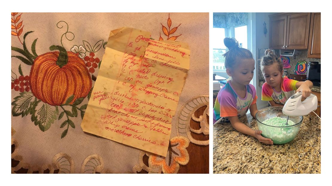 Left: The Dream Salad recipe, written down by Lisa Baldacci over 40 years ago. Right: Baldacci's twin granddaughters, Alora and Luna Billig, 6, cook the Dream Salad. (Courtesy Lisa Baldacci)