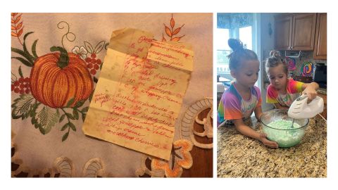 Left: The Dream Salad recipe, written down by Lisa Baldacci over 40 years ago. Right: Baldacci's twin granddaughters, Alora and Luna Billig, 6, cook the Dream Salad. (Courtesy Lisa Baldacci)