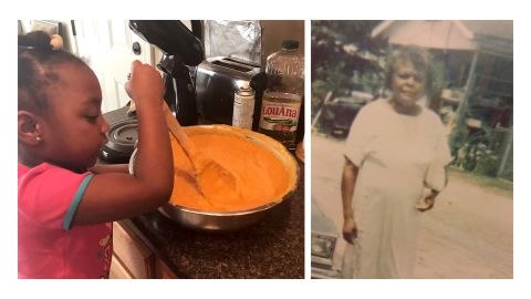 Left: Linda Fantroy's granddaughter Madisyn Smith, 7, helps make sweet potato pie in 2018. Right: Fantroy's mother, Catherine Davis, pictured in front of her family's store in the late 1960's. (Courtesy Linda Fantroy)