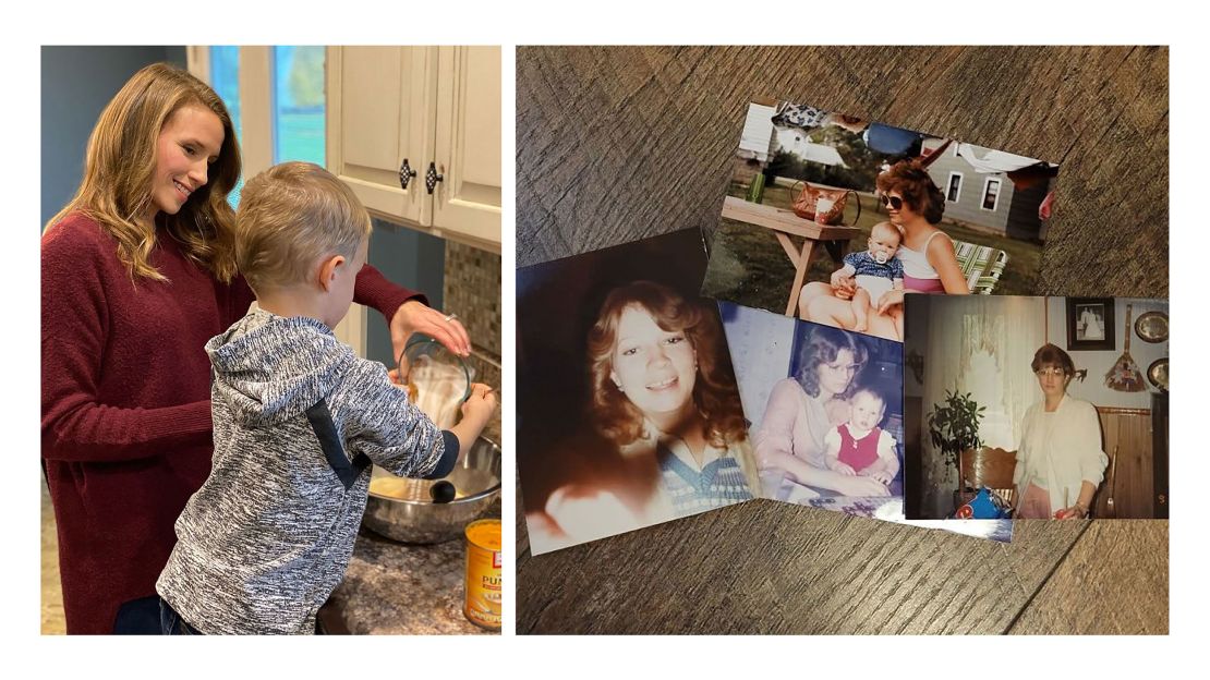 Left: Dilsaver-Sandusky and her son Calvin make pumpkin pie ahead of the Thanksgiving holiday. Right: Photos show Jessica Dilsaver-Sandusky's mother, Deb Scott, through the years. (Courtesy Jessica Dilsaver-Sandusky)