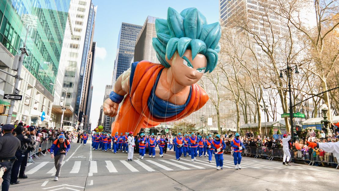 A Goku balloon floats by at the 93rd Annual Macy's Thanksgiving Day Parade on November 28, 2019. The 2021 event will bring back the longer parade route.